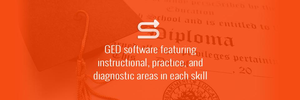 GED software featuring instructional, practice, and diagnostic areas in each skill